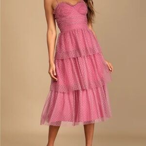 Lulu's Pink Polka Dot Tiered Midi Dress